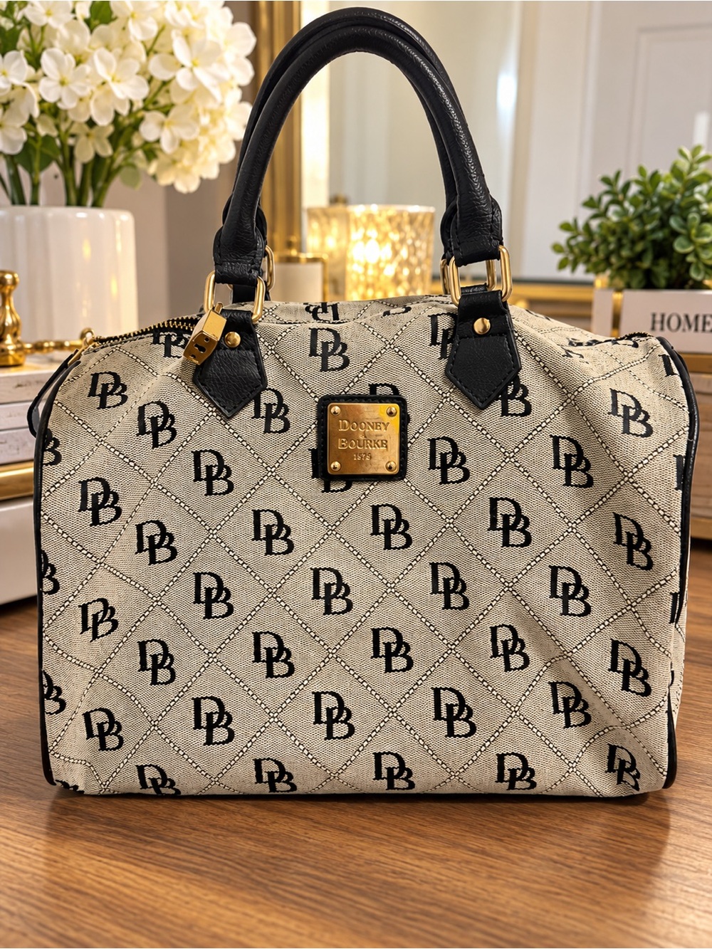 Dooney & Bourke Beige Logo Satchel with Black Trim and Gold Hardware